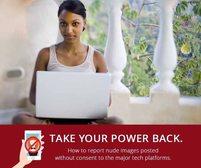 Woman sitting behind a laptop. Underneath are the word "Take your power back"